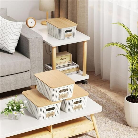 Plastic Storage Bins with Bamboo Lids 6 Pack Stackable Closet Organizer White - Picture 4 of 8